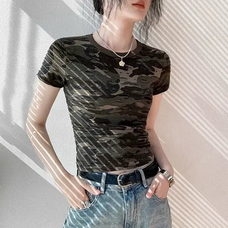 美式圆领迷彩短袖T恤女2025春夏新款正肩破洞设计感小众内搭上衣图片