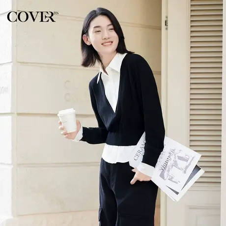 「美丽诺」COVERINS秋季衬衣式假两件撞色羊毛针织衫图片