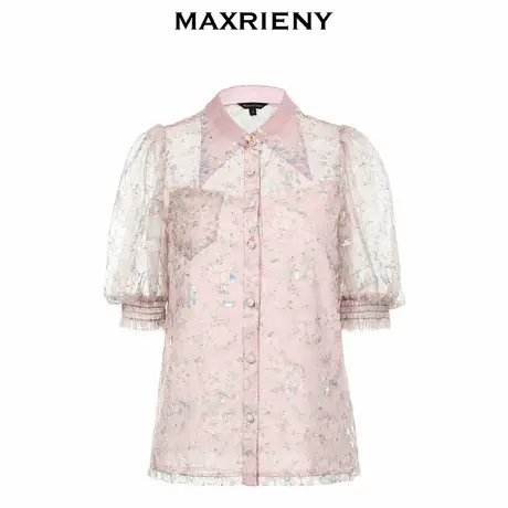 【奥莱】MAXRIENY短袖蕾丝上衣女秋季泡泡袖衬衫洋气图片