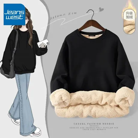 KV真维斯黑色卫衣女秋冬季加绒2025新款胖mm圆领上衣超火保暖外套商品大图