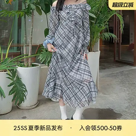 moussy 2025早秋新品甜美清新荷叶边长袖格子连衣裙028IAA33-1001图片