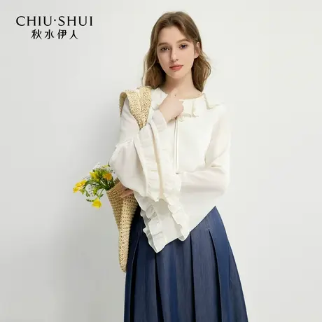 秋水伊人优雅风荷叶边V领雪纺衫女经典喇叭袖上衣商品大图
