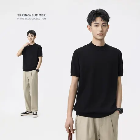 hansca 宽松黑色纯棉短袖T恤男夏季套装莱赛尔凉感休闲直筒长裤子图片