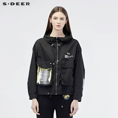 sdeer圣迪奥休闲前卫连帽字母印胶立体贴袋抽绳短款外套S19182204图片