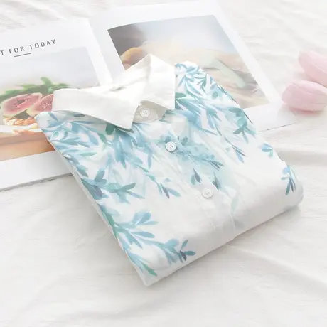 春季清新文艺水彩泼墨彩绘长袖衬衫 双层棉纱柔软透气白色上衣 女图片