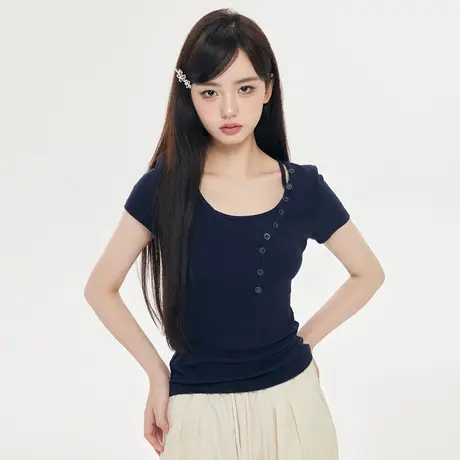 尔给正肩t恤2024新款不规则短袖小众掐腰设计感个性上衣女潮夏季图片