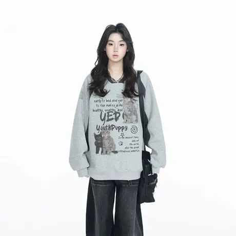 YEP2025春季新款猫咪印花情侣卫衣甜酷慵懒风潮人宽松套头上衣商品大图