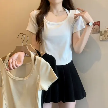 辣妹纯欲风短袖T恤女夏季韩版修身挂脖设计感小众短款半袖上衣潮商品大图