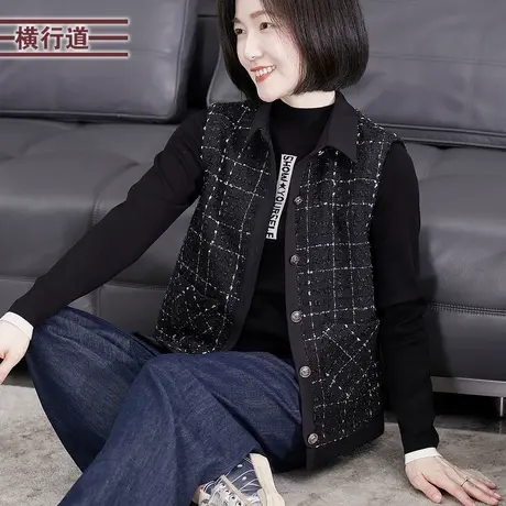 小香风马甲格子背心法式外套口袋无袖背心上衣2025新款女春装外搭商品大图