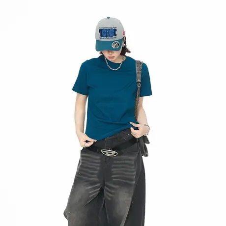 2025夏季新款正肩短袖T恤女纯色美式复古辣妹风修身短款半袖上衣图片