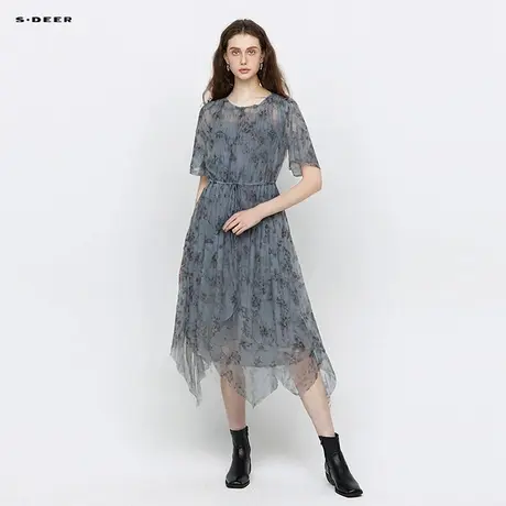 sdeer圣迪奥女装圆领碎花收腰网纱泡泡袖连衣裙S242Z12A3商品大图