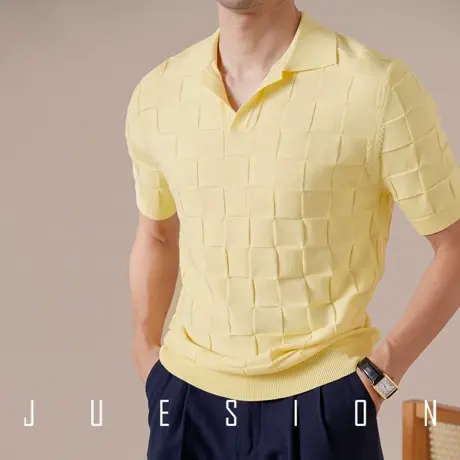 【细腻针织100%棉】JUESION 意式翻领polo衫男夏季款透气短袖上衣图片