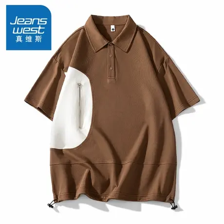 N5真维斯短袖T恤男2025夏季新款撞色拼接翻领男士宽松男装上衣服图片