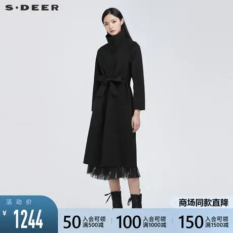 sdeer圣迪奥女装休闲立领收腰中长款毛呢大衣S20481801👚商品大图