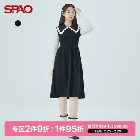 SPAO女士连衣裙春季新款大翻领撞色高腰针织裙SPOKC4TS20图片