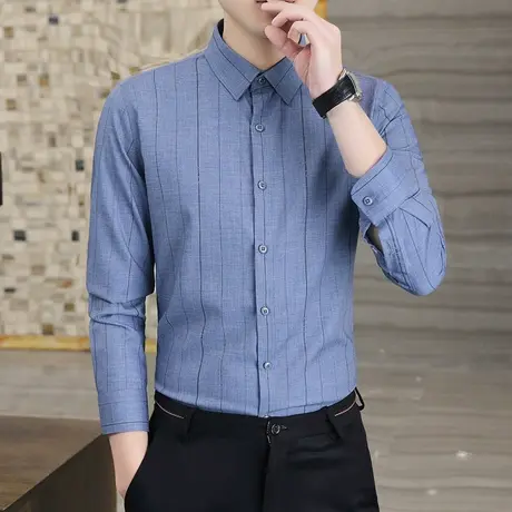 通勤职业西装衬衫男士休闲商务条纹衬衣百搭潮流办公寸衣面试内搭商品大图