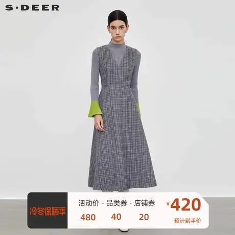 sdeer圣迪奥女装小香风套装V领格纹无袖连衣裙S23461202🛷商品大图