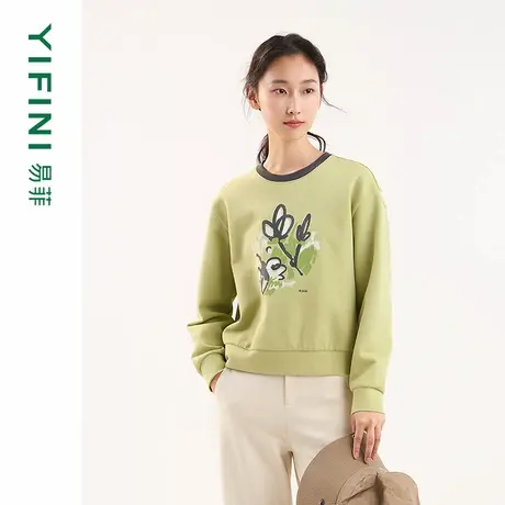 [专柜同款]Yifini/易菲印花圆领套头衫空气层宽松短款卫衣女25春商品大图