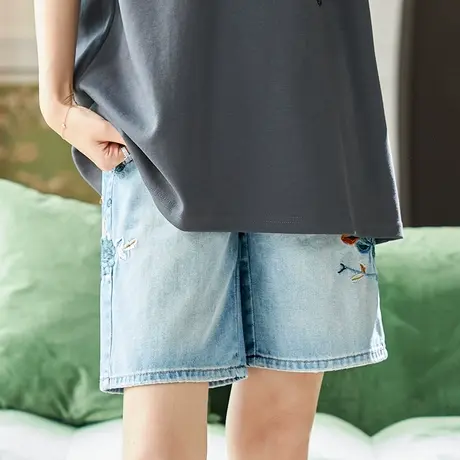 宝诗黎国风刺绣蓝色牛仔五分裤宽松直筒休闲裤2025夏季百搭高腰裤图片