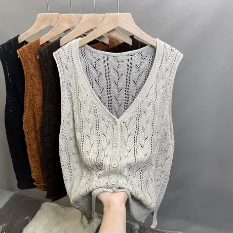 马甲女款2024新款春秋V领镂空针织衫背心女宽松无袖开衫外搭马夹商品大图