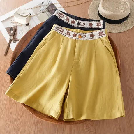 2025夏季新款天丝亚麻阔腿短裤女拼接刺绣复古宽松A字五分休闲裤商品大图