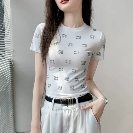 歌倍尚烫钻短袖T恤女2025夏季新款洋气修身显瘦时尚正肩字母上衣图片