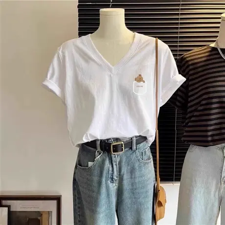 卡通减龄T恤女oversize大码宽松V领设计感短袖ins潮白色显瘦上衣商品大图