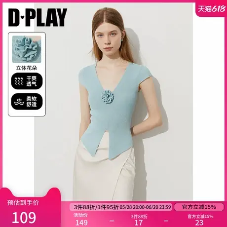 DPLAY2025年夏季新款蓝色上衣女好看法式独特修身短袖针织衫t恤图片