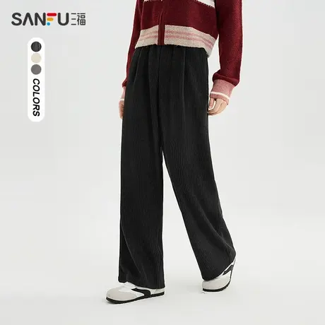 三福休闲裤2025新款春季复古宽松加厚阔腿直筒坑条长裤女装491902商品大图