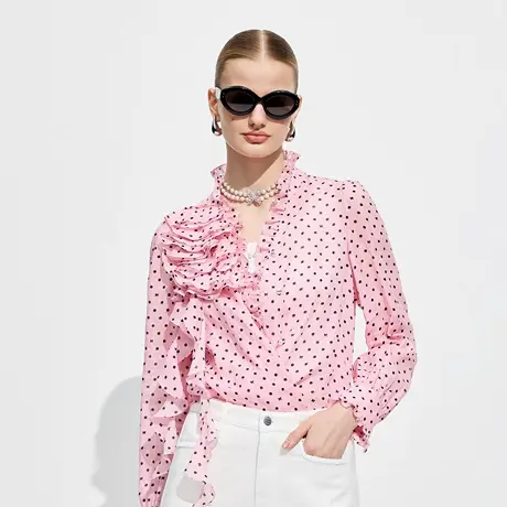 可可尼COCOON商场同款2025夏季女浪漫波点长袖领口木耳边设计衬衫商品大图