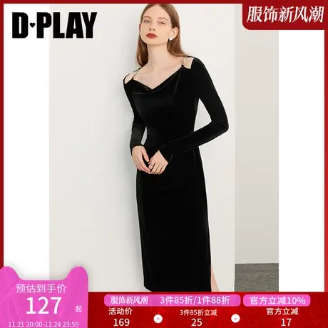 DPLAY秋装新法式名媛风爱心双搭钻扣镂空荡领收腰丝绒小黑裙商品大图