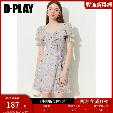 DPLAY夏新度假风紫调印象花园不对称荷叶边泡泡袖短款印花裙商品大图