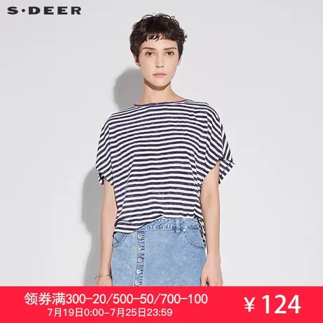 sdeer圣迪奥2019夏装新款宽松撞色条纹oversize圆领T恤S18260178图片