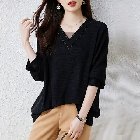 长袖t恤女春季新款加肥加大码女装宽松洋气V领遮肚显瘦外穿打底衫图片