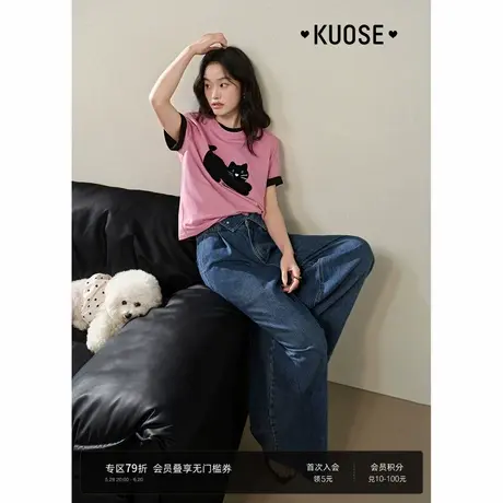 阔色蓝色复古宽松阔腿直筒牛仔裤女2025夏季新款高腰设计感裤子商品大图