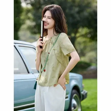 时尚气质衬衫2024年夏季新款女圆领百搭国风休闲通勤T短袖上衣商品大图