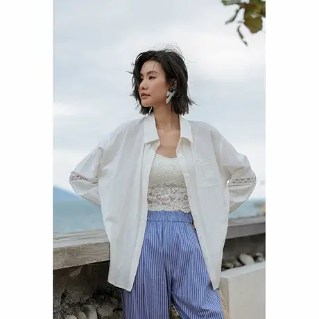 弥古白色防晒衬衫女外套2025夏季新款高级感法式蕾丝拼接衬衣上衣图片