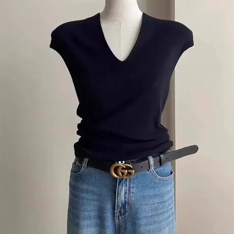 欧货v领冰丝针织短袖t恤女2025新款夏季设计感修身显瘦小飞袖上衣商品大图