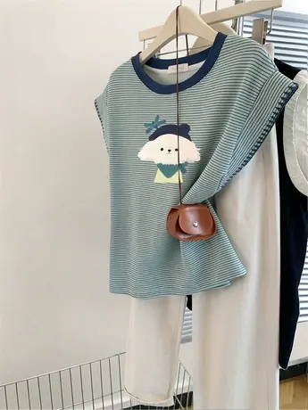 撞色条纹短袖t恤女夏季夏2025新款爆款设计感显瘦小飞袖无袖上衣商品大图