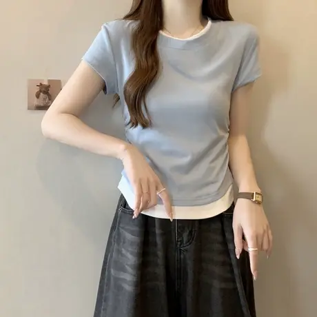 小个子短款短袖T恤女夏装2025新款修身显瘦褶皱收腰假两件上衣服商品大图