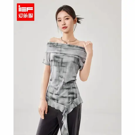 IEF/爱依服2025夏季新款美式甜酷个性辣妹纯欲一字肩设计显瘦上衣图片