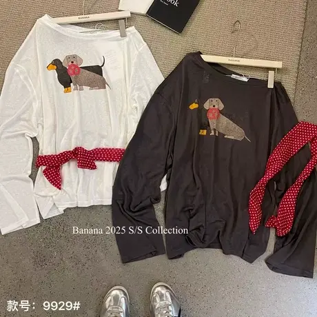 夏季时髦卡通狗狗印花薄款防嗮罩衫长袖T恤女休闲慵懒露肩上衣潮商品大图