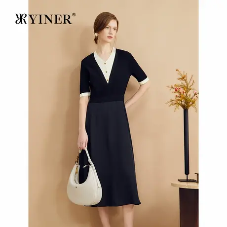 YINER音儿秋季时尚法式优雅高腰撞色V领假两件连衣裙商品大图