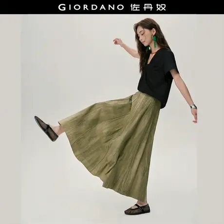 设计师款佐丹奴半身裙女纯棉褶皱破骨半松紧高腰a字裙女18465817商品大图