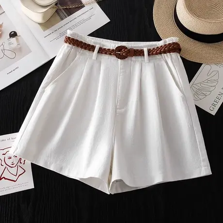拉夏贝尔白色棉麻阔腿短裤女夏薄款2025新款小个子外穿显瘦五分裤商品大图