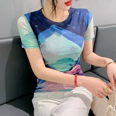 欧货漂亮印花T恤女短袖2024夏装新款性感网纱小衫洋气圆领上衣ins商品大图