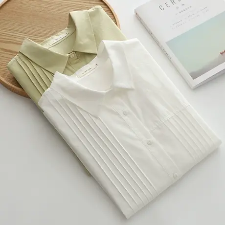 纯棉白色衬衫女2024春秋新韩版设计感别致压皱长袖衬衣小个子上衣图片