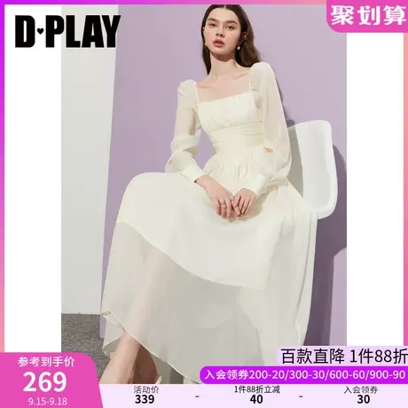 DPLAY2023秋装度假氛围感法式方领抽褶奶油杏大摆仙女雪纺连衣裙图片