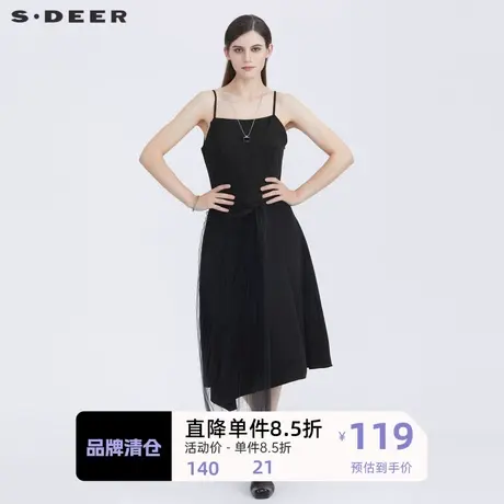 sdeer圣迪奥女装休闲网纱拼接黑色吊带连衣裙S21281232商品大图