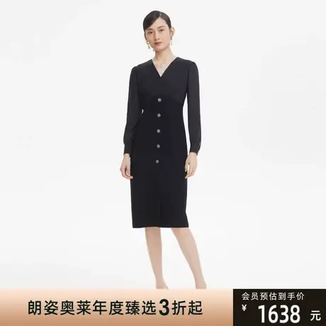 LANCY/朗姿秋季新款长袖V领连衣裙子女修身高级职业黑色裙子图片